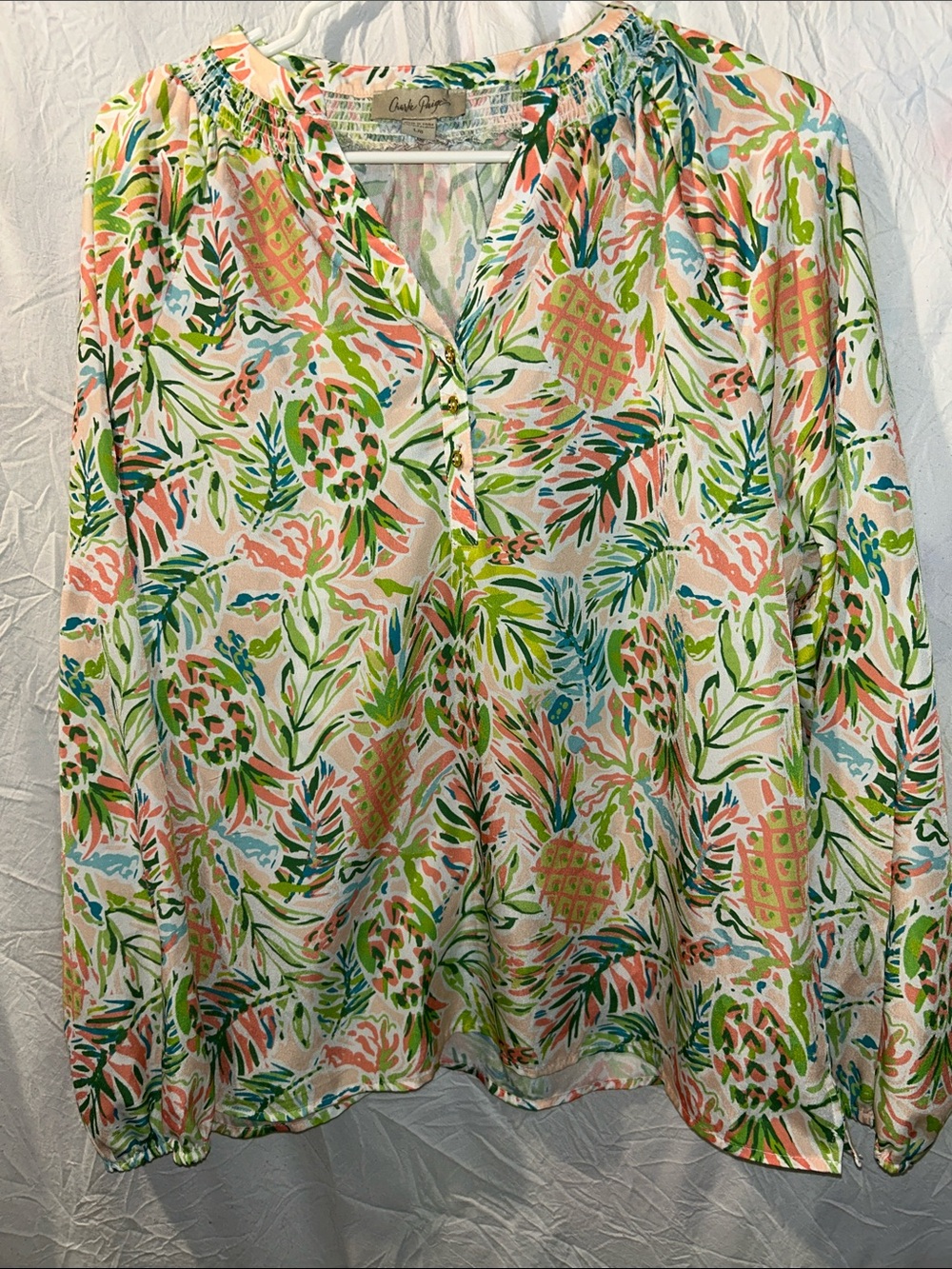 Charlie Paige White Blouse with Coral, Lime and Sky Blue Tropical Print size lar